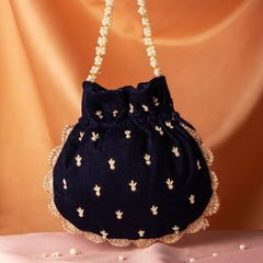 Pearl Sequin Beaded Navy Blue Velvet Potli Bag for Women