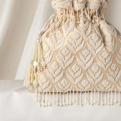 Beautiful Beige Satin Pearl Embroidered Wedding Handbag