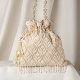 Beautiful Beige Satin Pearl Embroidered Wedding Handbag