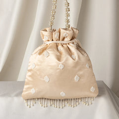 Beautiful Beige Satin Pearl Embroidered Wedding Handbag