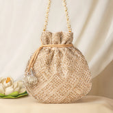 Bling Golden & Silver Tubelight Beaded Velvet Bag