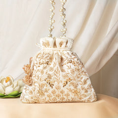 Golden Embroidered Ivory Potli Bag
