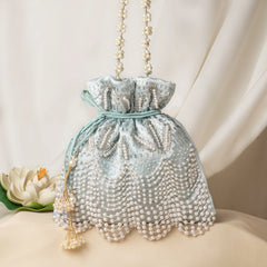 Fancy Pearl Bead Embroidery Satin Wedding Purse Bag