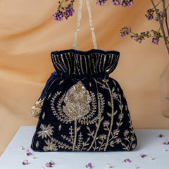 Beautifully Handmade Navy Blue Potli with Sequin and Golden Bead Embroidery
