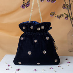 Golden Floral Embroidered Royal Charming Potli Bag in Navy Blue