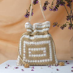 Pearl and Golden Bead Geometric Potli Bag