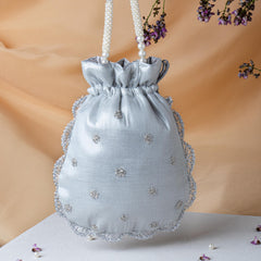 Silver Tissue Mesh Fabric Embroider Potli