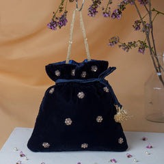Beautifully Handmade Navy Blue Potli with Sequin and Golden Bead Embroidery