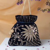 Golden Floral Embroidered Royal Charming Potli Bag in Navy Blue