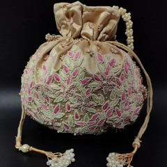 Pink Beige Thread Embroider With Multi Color Beading Designer Handbag