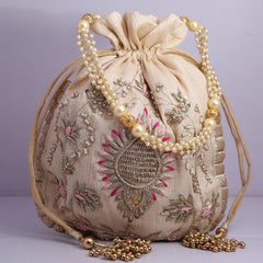 Beautiful Fine Handcrafted Golden Zar-Dousi Work Traditional Wedding Potli Bag