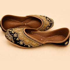 Black & Gold Pearl Embellished Punjabi Jutti for Women | Handmade Sequin Mojari | Wedding & Festive Ethnic Footwear