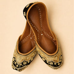 Black & Gold Pearl Embellished Punjabi Jutti for Women | Handmade Sequin Mojari | Wedding & Festive Ethnic Footwear