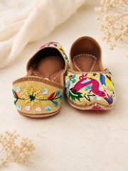 Handcrafted Multicolor Embroidered Flamingo Jutti | Floral Beaded Ethnic Flat | Traditional Punjabi Mojari for Women
