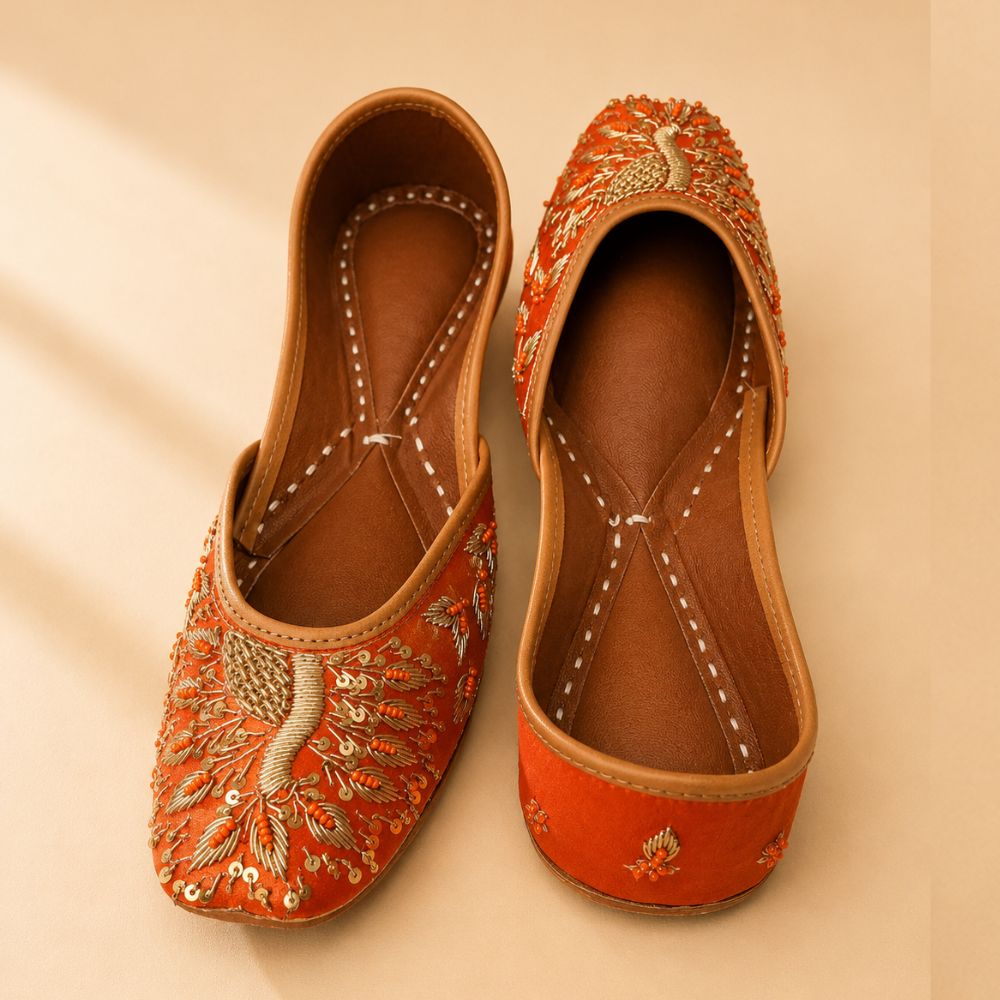 Handcrafted Orange Velvet Jutti with Zardosi Peacock Embroidery - Elegant Bridal & Festive Mojari