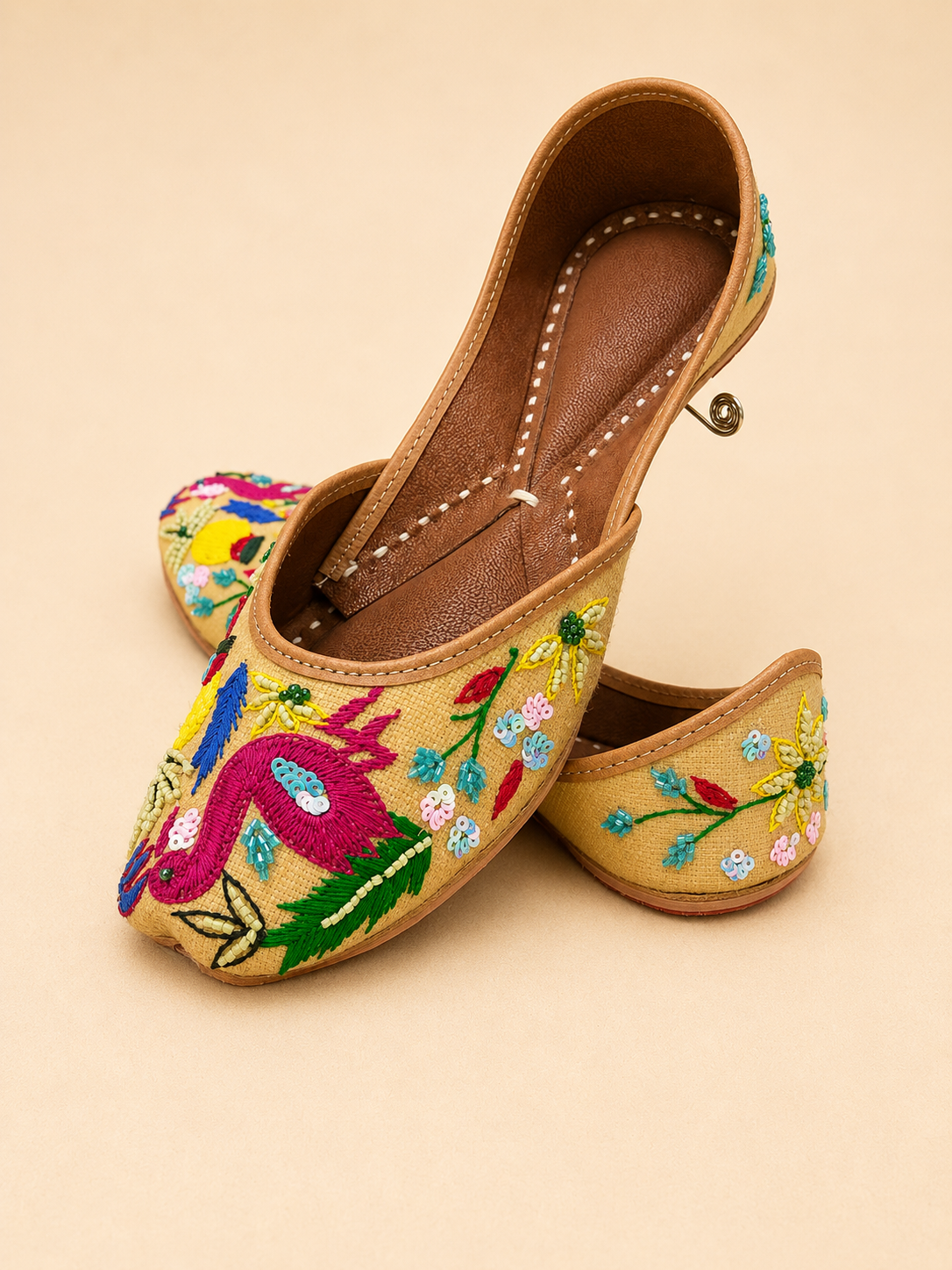 Handcrafted Multicolor Embroidered Flamingo Jutti | Floral Beaded Ethnic Flat | Traditional Punjabi Mojari for Women