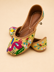 Handcrafted Multicolor Embroidered Flamingo Jutti | Floral Beaded Ethnic Flat | Traditional Punjabi Mojari for Women