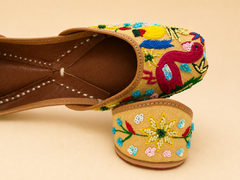 Handcrafted Multicolor Embroidered Flamingo Jutti | Floral Beaded Ethnic Flat | Traditional Punjabi Mojari for Women