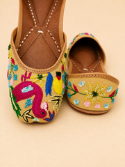 Handcrafted Multicolor Embroidered Flamingo Jutti | Floral Beaded Ethnic Flat | Traditional Punjabi Mojari for Women