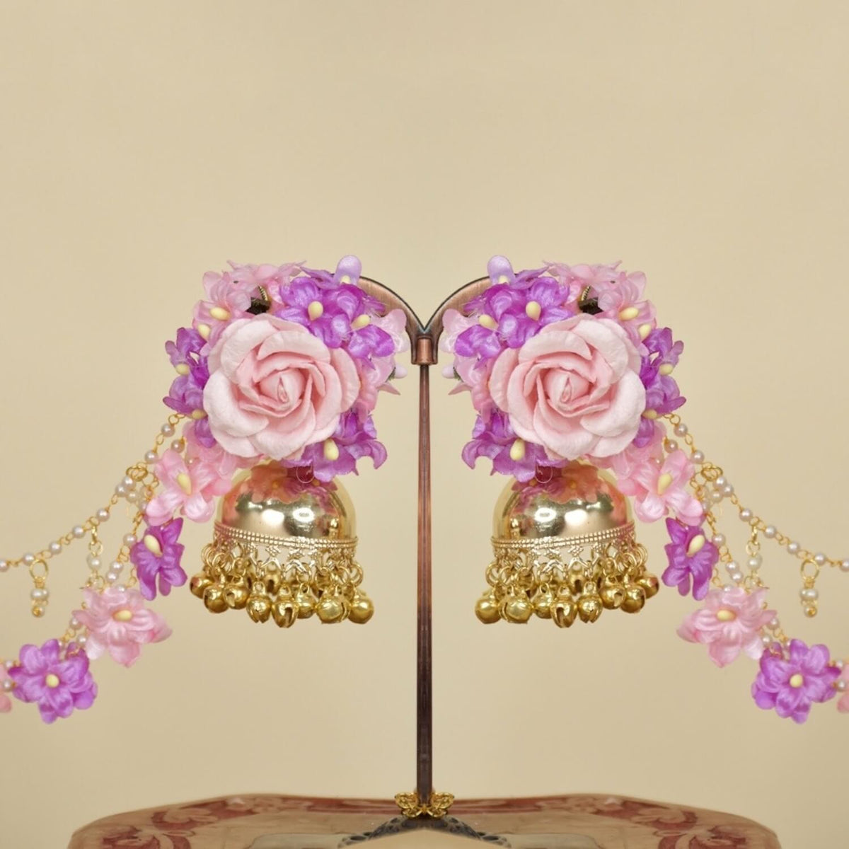 Jhumka Earrings With Pink and Purple Flower Design