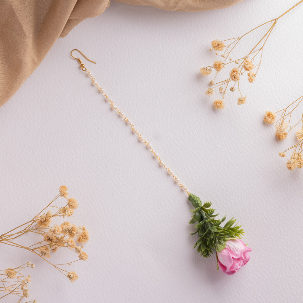 Pink Floral and Green Leaf Maang Tikka and Earrings