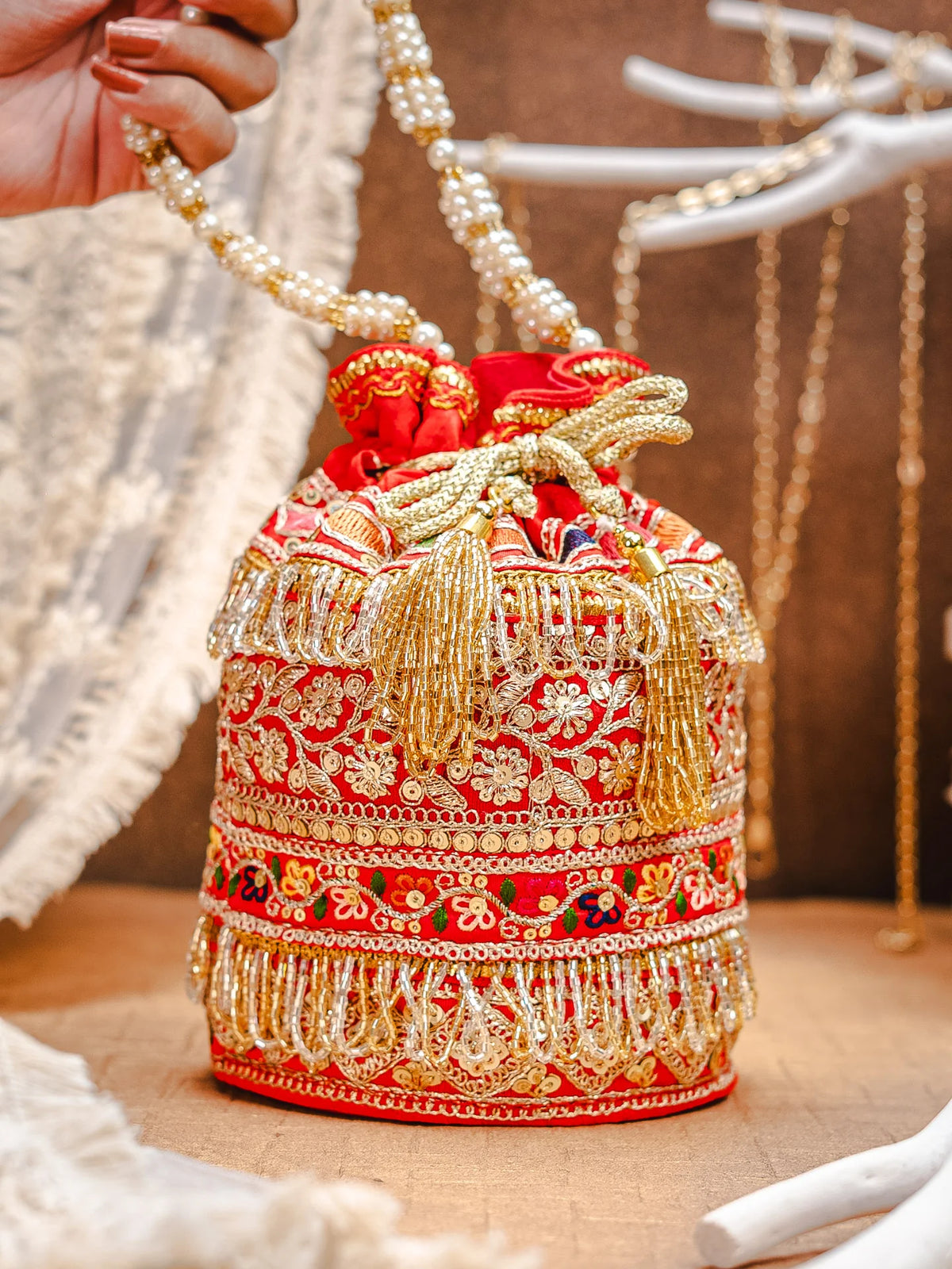 Handmade Red and Golden Work Potli Bages