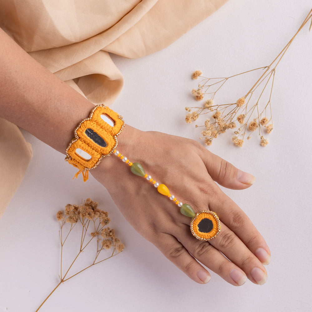 Yellow Beaded Hathphool with Ring