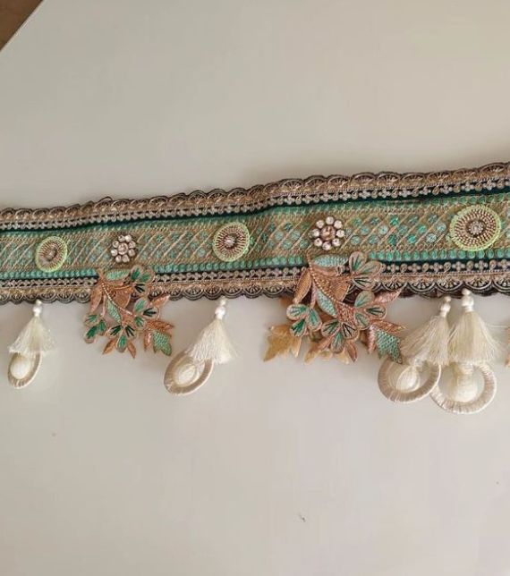 Mirror Work Bandarwal with Pearl Tassels and Leaf Embroidery