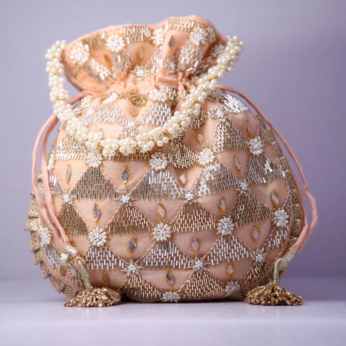 Peach Flower Bridal Potil Bag with Bead Work
