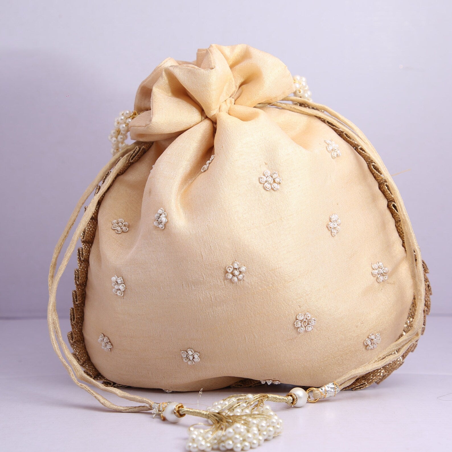 Beautiful Fine Handcrafted Golden Zar-Dousi Work Traditional Wedding Potli Bag