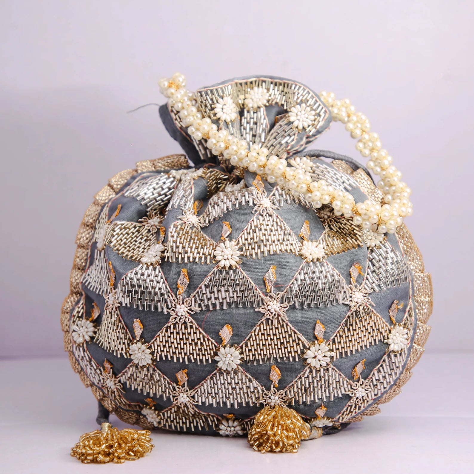 Peach Flower Bridal Potil Bag with Bead Work