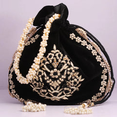 Black Velvet Potli Floral Pearl Flower Zardosi Handmade Embroidery Bag for Woman