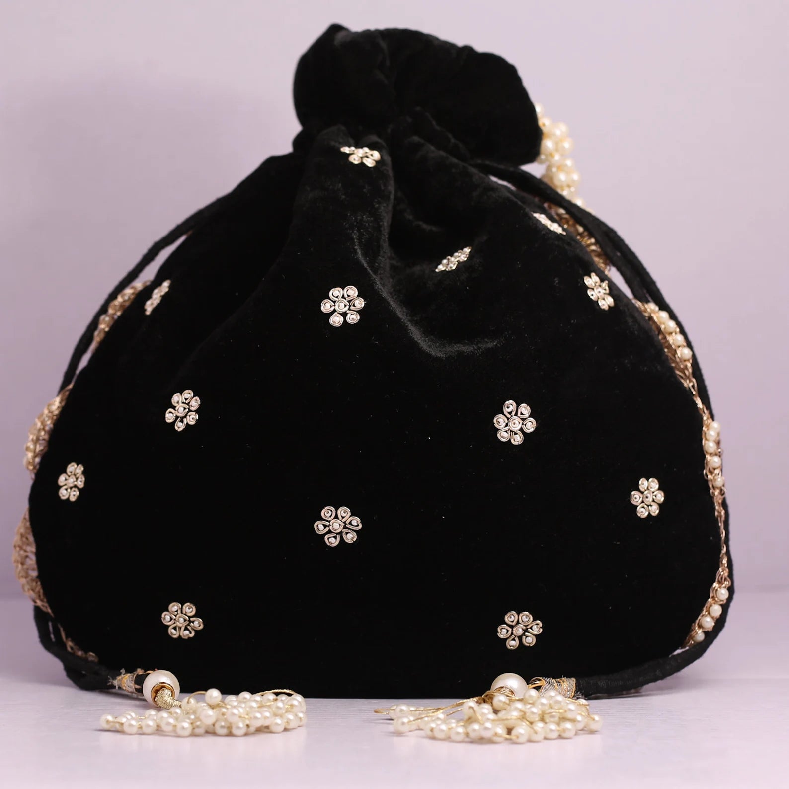 Black Velvet Potli Floral Pearl Flower Zardosi Handmade Embroidery Bag for Woman