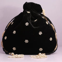 Black Velvet Potli Floral Pearl Flower Zardosi Handmade Embroidery Bag for Woman