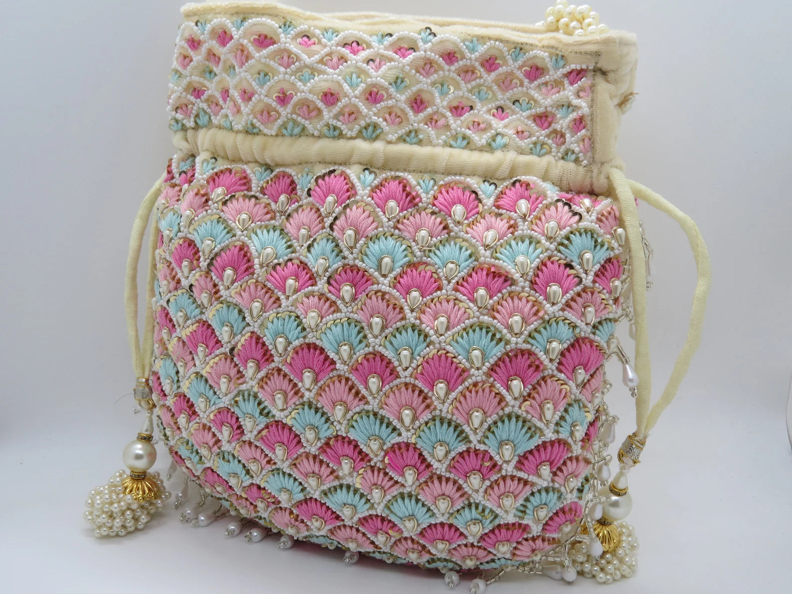 Multi Colors Thread Embroider Velvet Potli With Drawstring