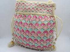 Multi Colors Thread Embroider Velvet Potli With Drawstring
