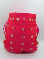 Golden Tubelight Fuchsia Handbag With Peal Beaded Embellishment