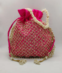 Rani Pink Silk Fabric Sequin Motif Beaded Designer Handbag