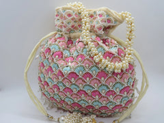 Multi Colors Thread Embroider Velvet Potli With Drawstring