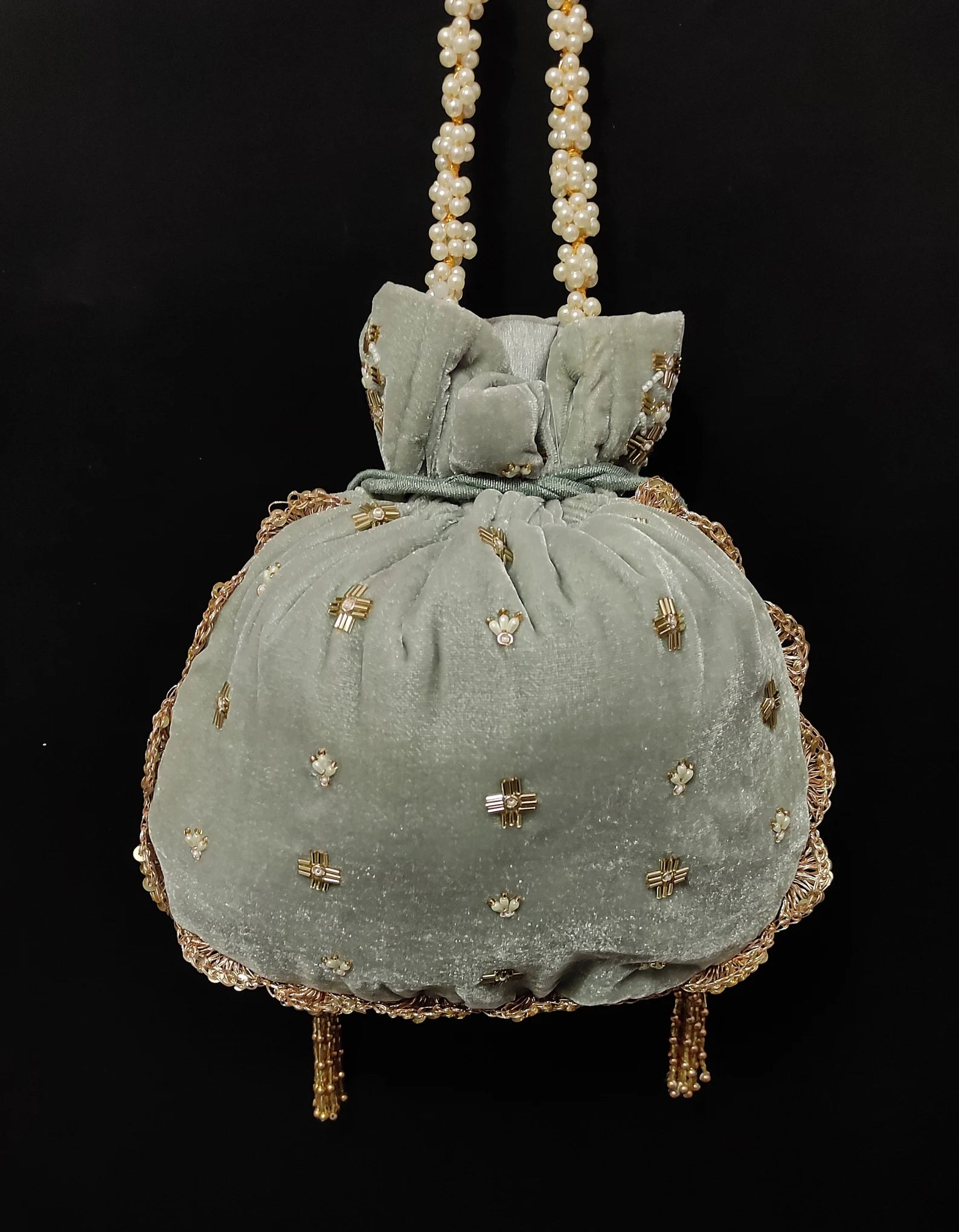 Gray Velvet Golden Tube Light Pearl Bead Potli Purse