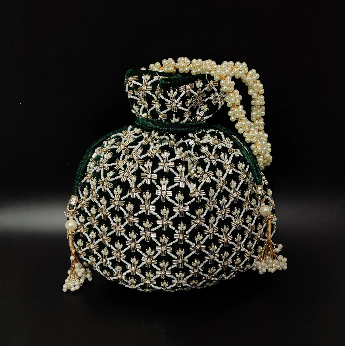 Green Velvet Golden Tube Light Pearl Bead Potli Purse