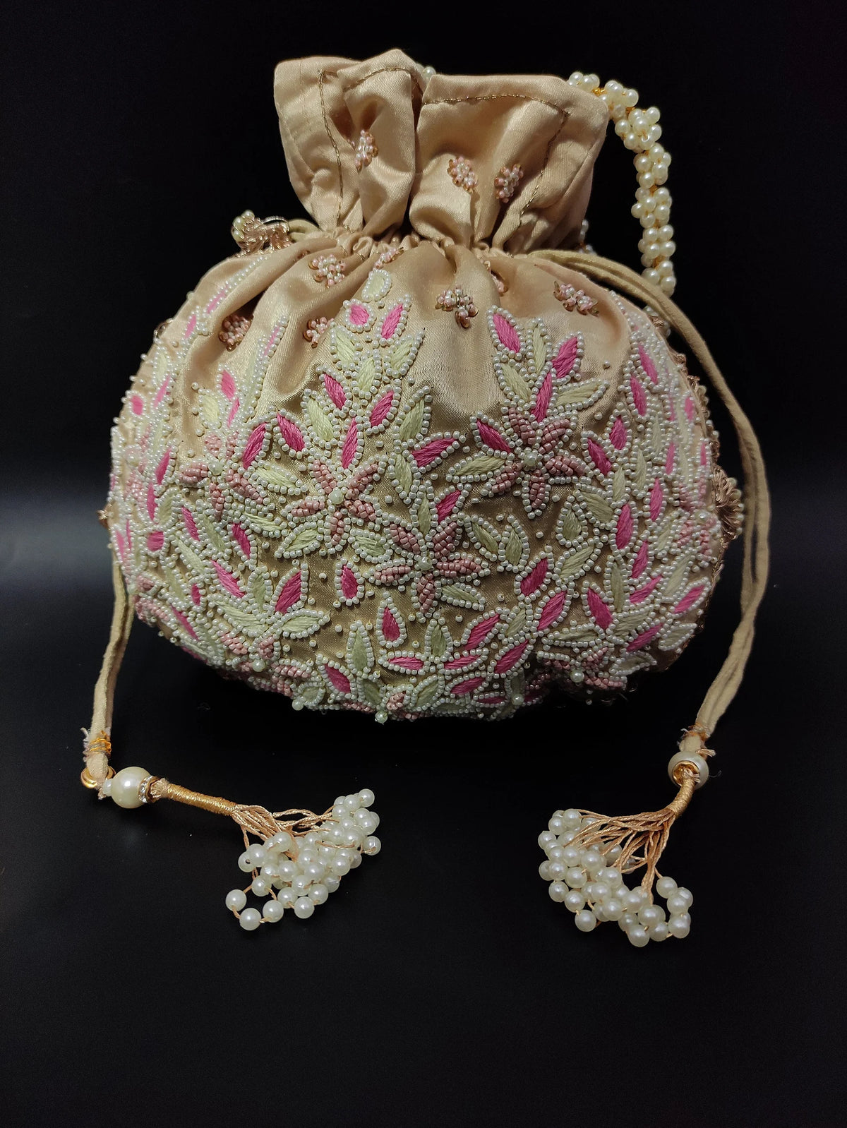 Pink Beige Thread Embroider With Multi Color Beading Designer Handbag