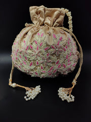 Pink Beige Thread Embroider With Multi Color Beading Designer Handbag