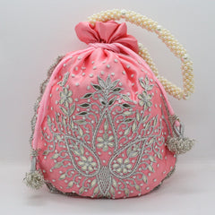 Handmade Silver Ribbon Lace Cut Work Gota Patti Embroidered  Potli Bag