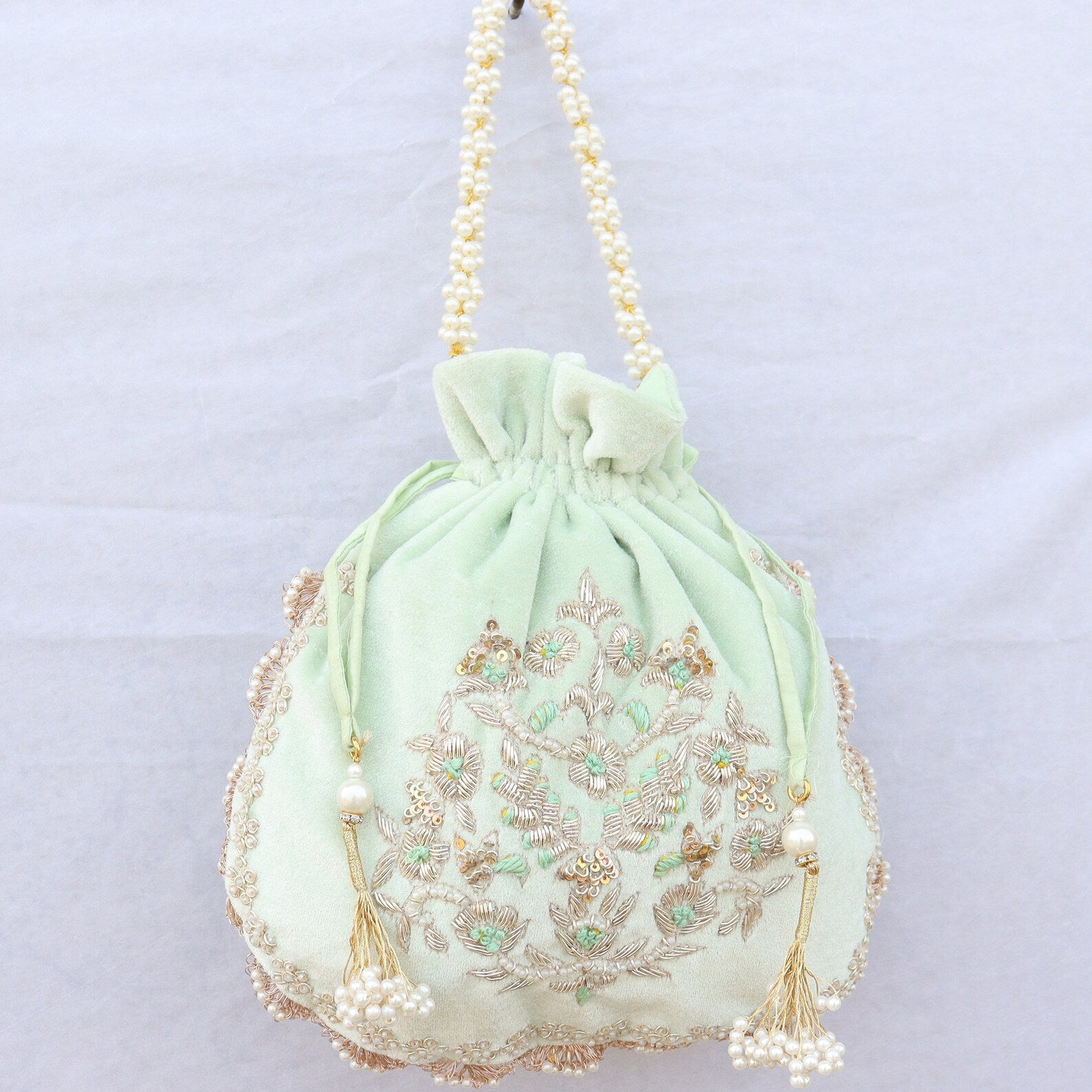 Light Golden Pistachio Green Bag with Zardozi Embroidery