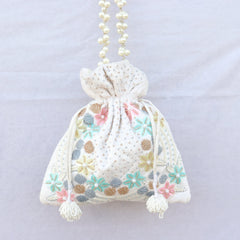 Off White Floral Embroider Designer Potli Purse