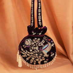 Handmade Peacock Embroidered Velvet Drawstring Potli Bag