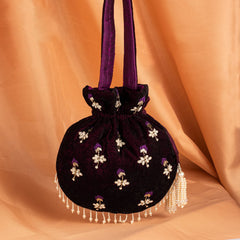 Handmade Peacock Embroidered Velvet Drawstring Potli Bag