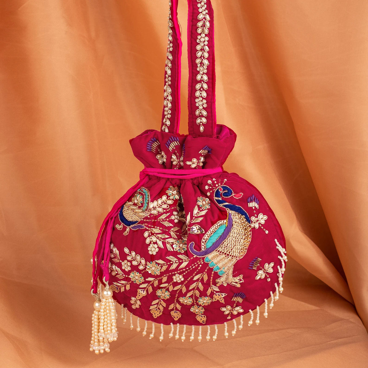 Beautiful Art Deco Peacock Hand Embroidered Velvet Drawstring Potli