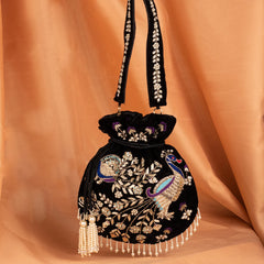 Handmade Peacock Embroidered Velvet Drawstring Potli Bag